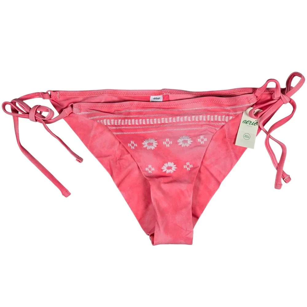 Aerie Cheekier Bikini Bottoms Coral Tie Dye Floral Embroidered Size M